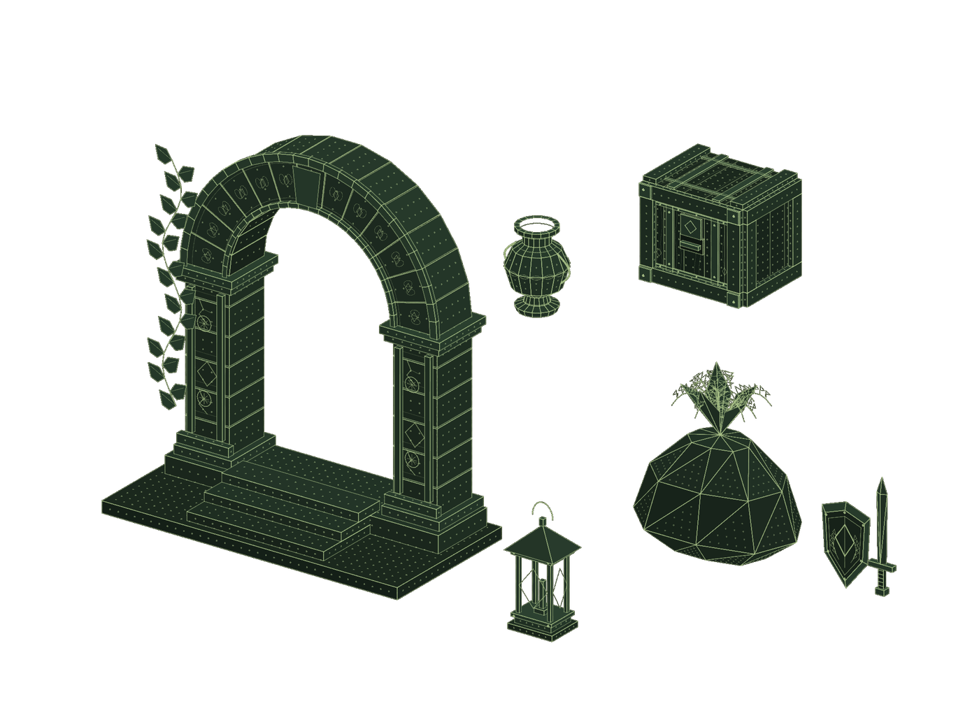 Concept illustrations of a stone arch, wooden crate, fern-covered rock, lantern, decorative urn, shield and sword in green points and wireframe; not output from Dile3D